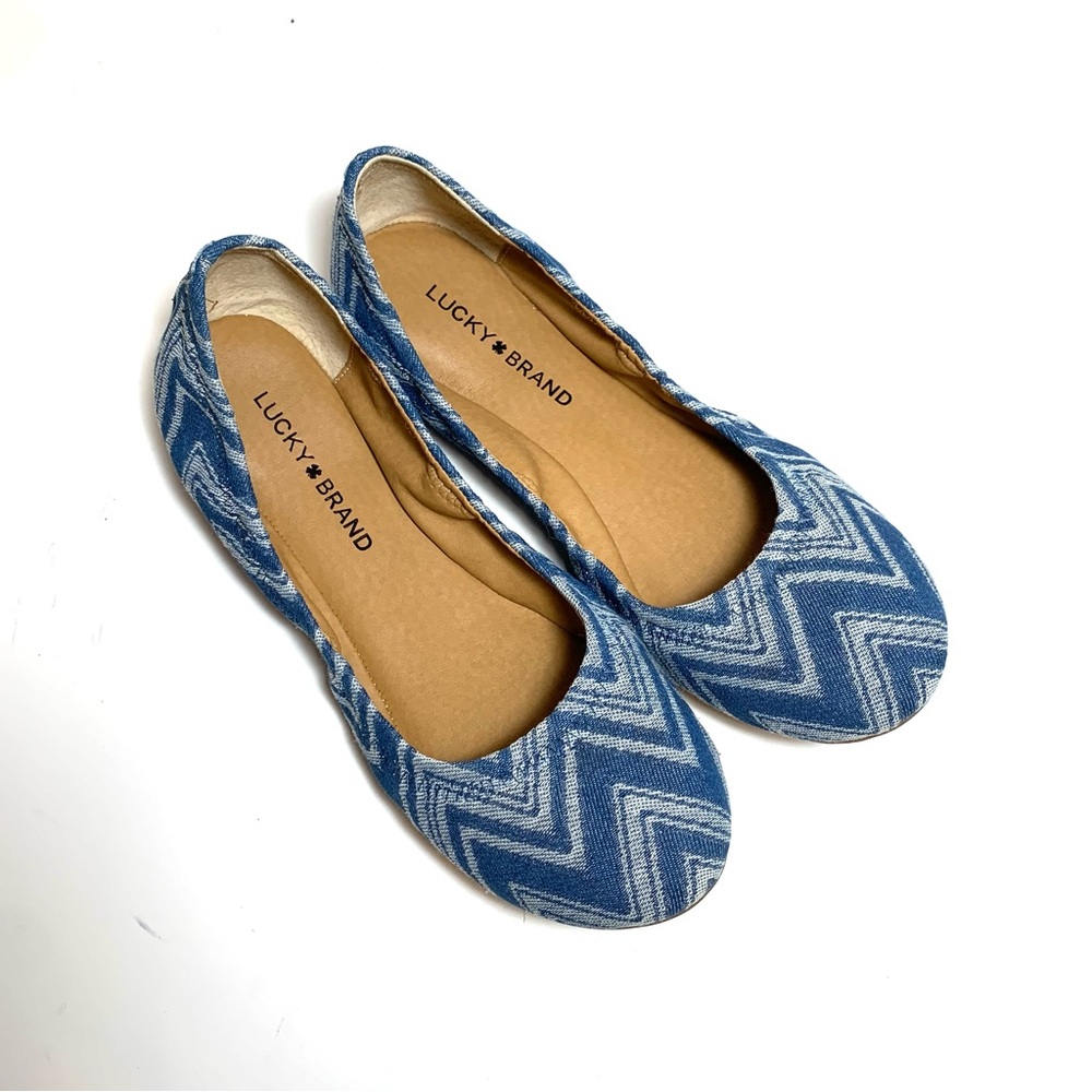 Lucky Brand Women’s Ballerina Ballet Flat ‘Emmie’ Blue and White Chevron Denim 9
